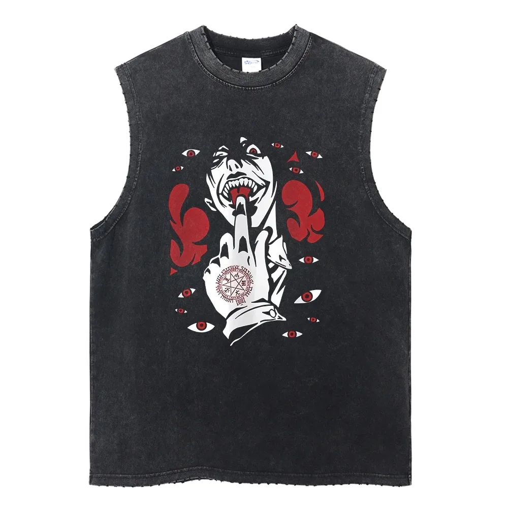 Japanese Anime Print Black Vest Men Ripped Sleeveless Tank Top Harajuku Hip Hop Fashion Summer Vintage Cotton Sports Vest