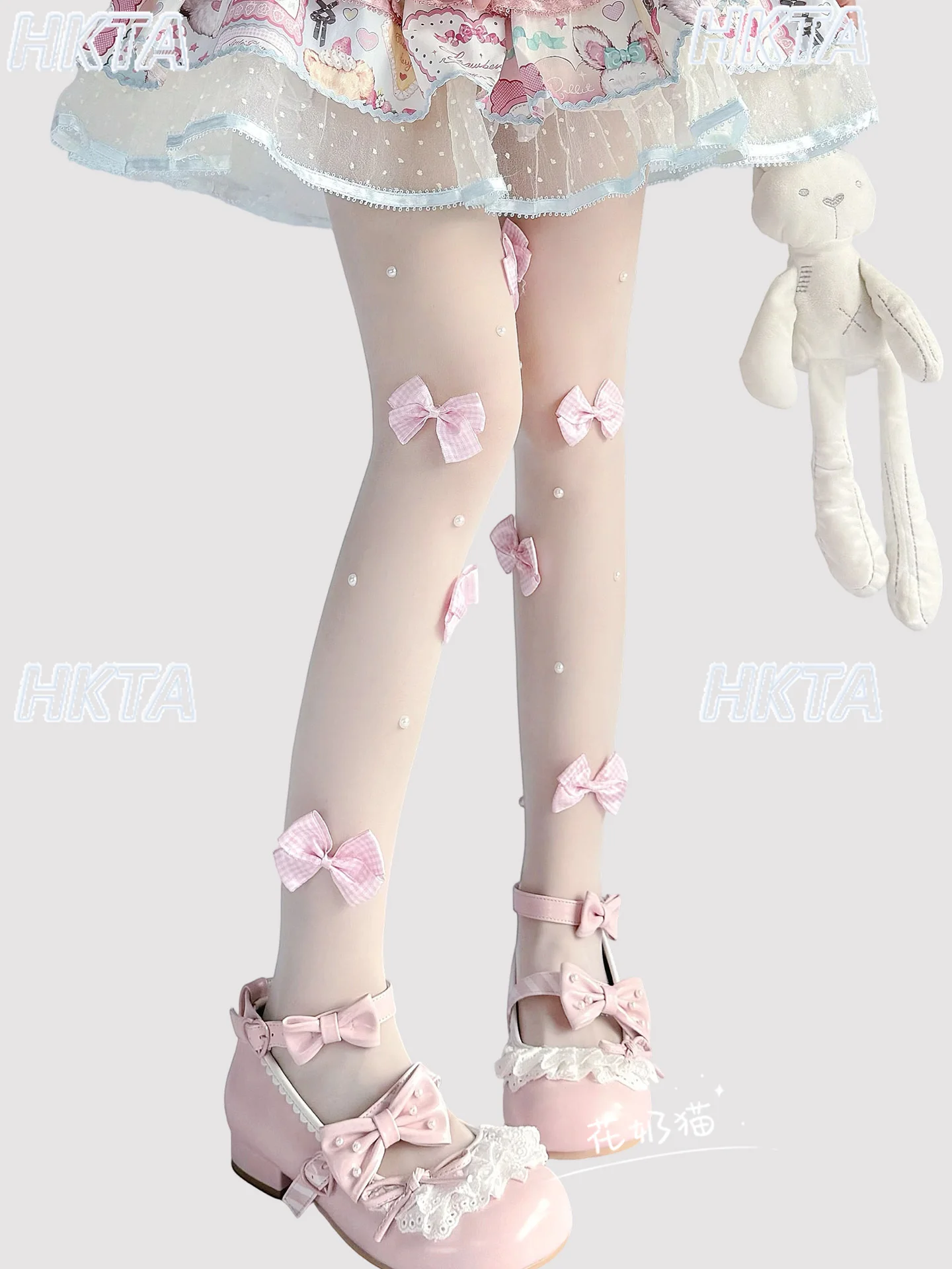 

Japanese Style Cute Lolita Stockings Women Pantyhose Thin Sweet Pearl Pink Bow White Pink Base Pantyhose Kawaii Girls Stockings
