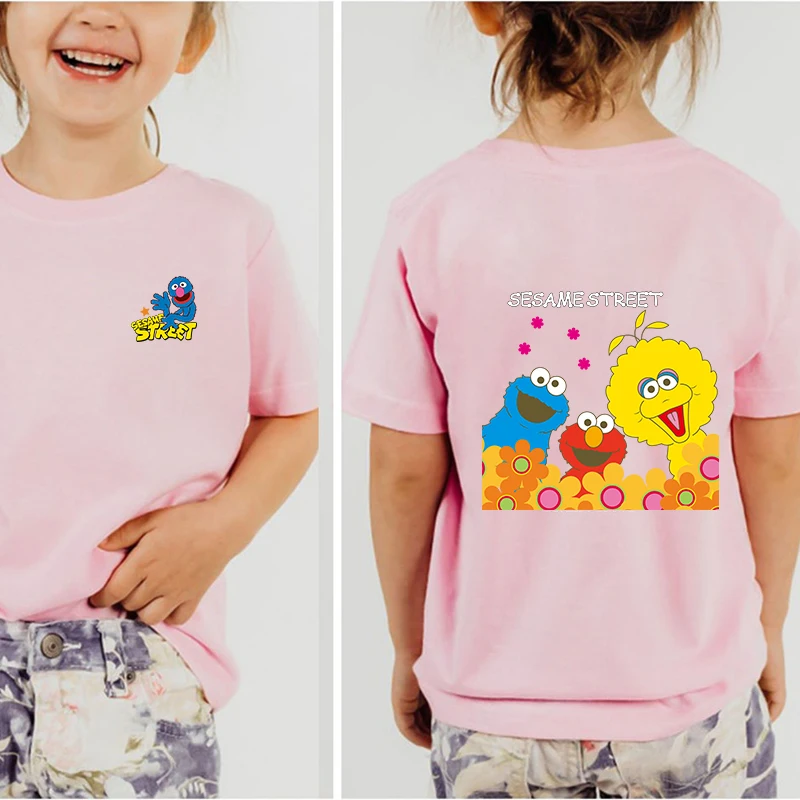 Sesame Street Printed Kids T-shirt Summer Children's Cotton Short Sleeve Suitable for Boys and Girls Pink Casual Tops