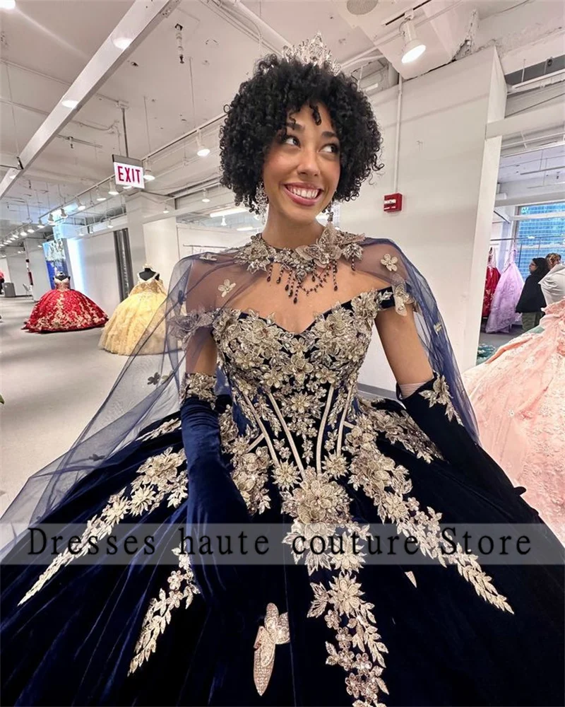 New Arrivals Velvet Ball Gown Navy  Blue Quinceanera Dress 2024 Luxury Gold Lace Appliques Cape Gloves Beaded Sweet 16 Dress