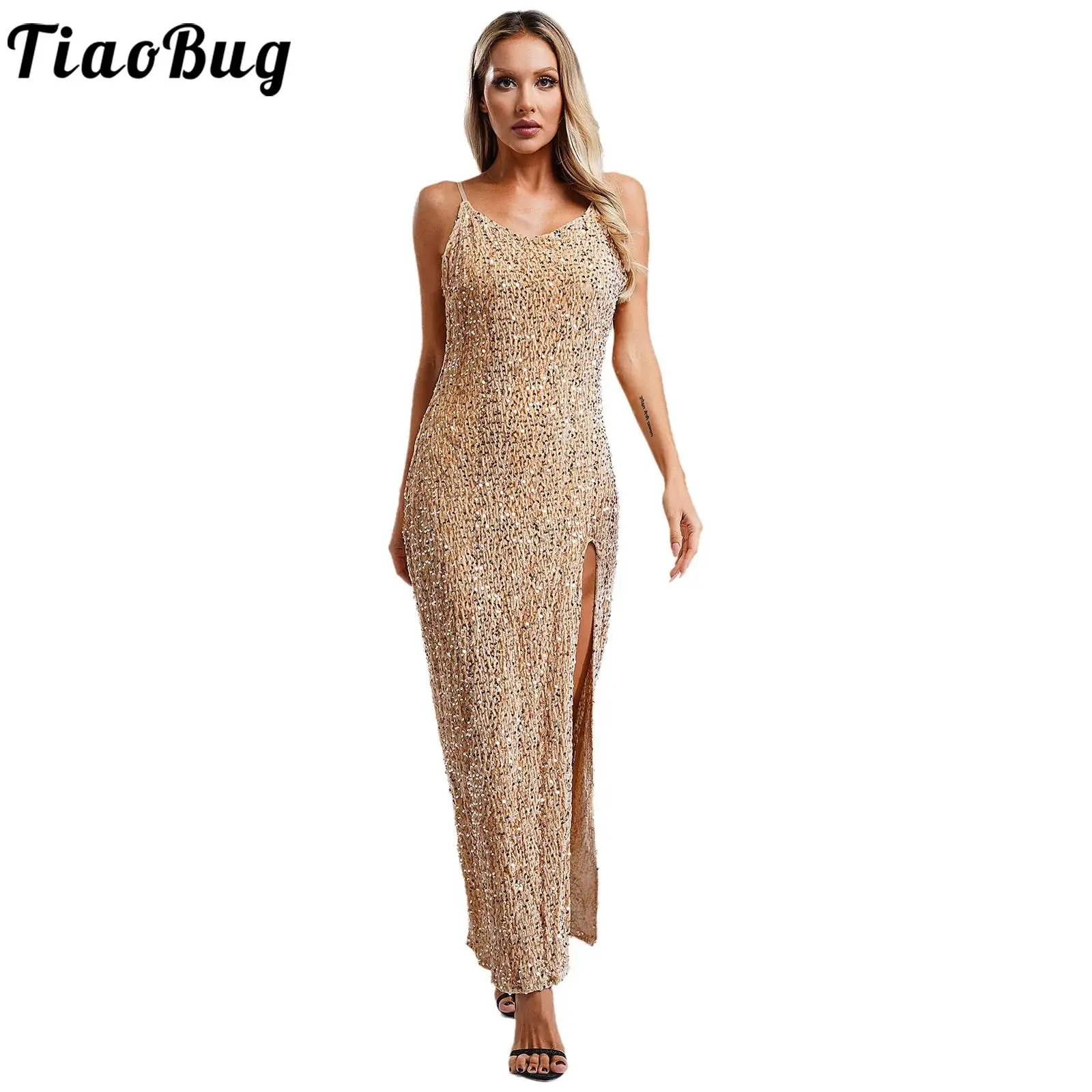 

Women V Neck Sleeveless Dress Sparkly Sequin Dress High Cut Backless Dinner Dress 1920s Flapper Cocktail Party Dress