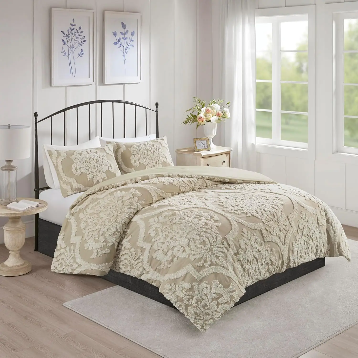 

Tufted Chenille Cotton Comforter Set with Matching Shams, Full/Queen Size (90"x90"), Viola Damask Taupe, All Season Bedding