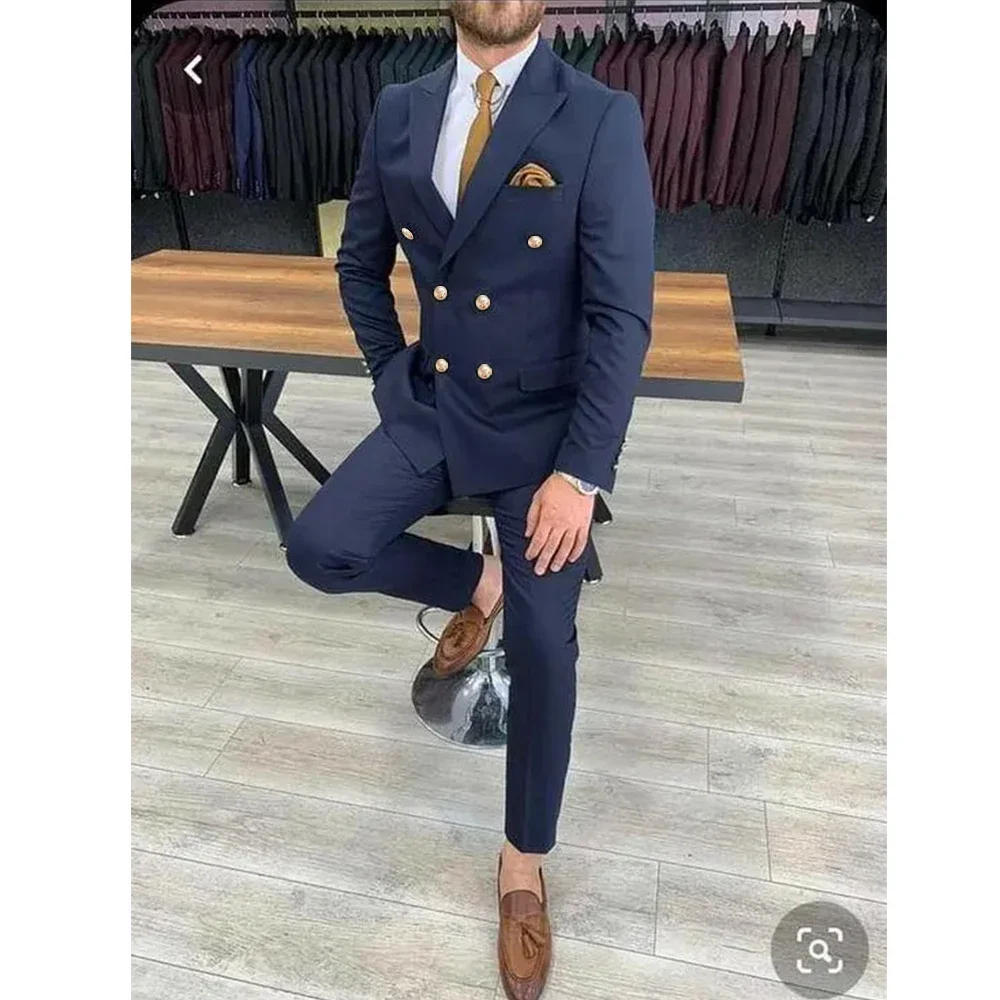 Men Suit Navy Blue Peak Lapel Double Breasted Elegant Groom Full Set 2 Piece Jacket Pants Skinny Costume Homme Terno