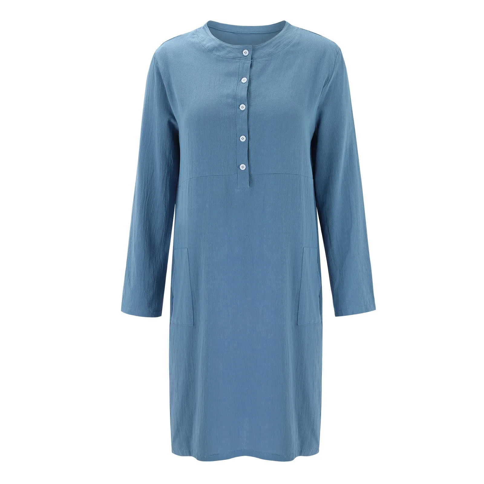 

Платье женское с круглым вырезом, повседневное свободное элегантное средней длины в стиле бохо, с длинным рукавом, на пуговицах, до колен, для отдыха, на лето