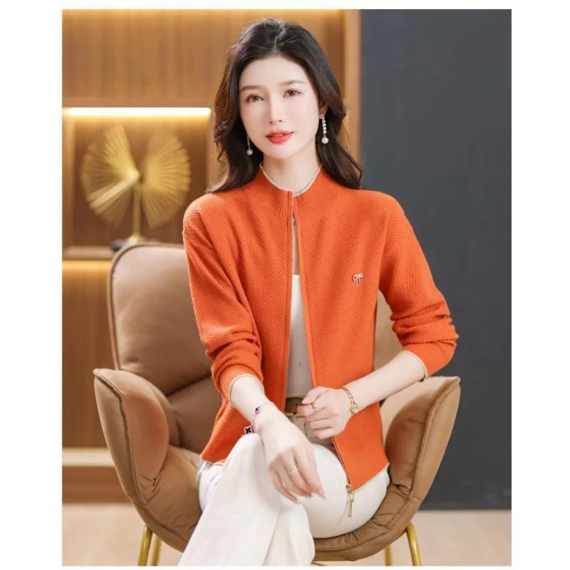 여성용 신상 스플라이스 스탠드 칼라 지퍼 패셔너블 솔리드 컬러 루즈 다용도 캐주얼 긴팔 니트 가디건