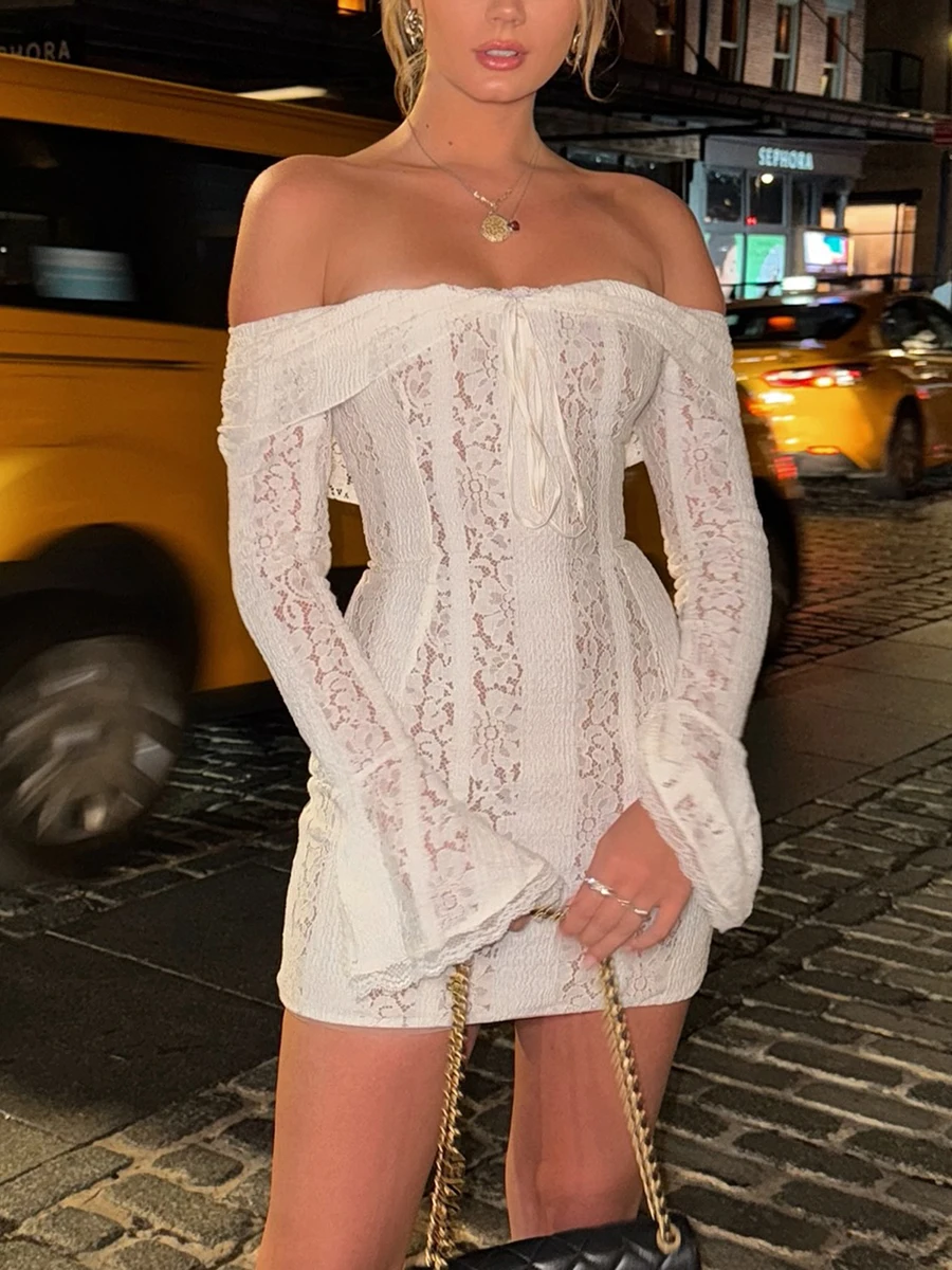 Elegant Jacquard Lace Slim Mini Dress for Women Off The Shoulder Long Flared Sleeves Club Party Dresses Bodycon 2024 Fall Dress