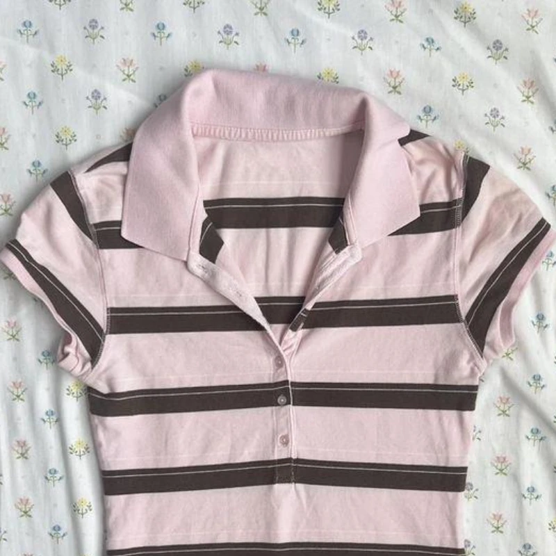 Listrado gola polo doce magro camisa feminina manga curta casual harajuku colheita topo estilo japonês novo vintage y2k roupas 2025