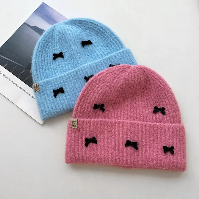 Japanese Cute Sweet Bow Knitted Wool Hat Women Autumn Winter Ins Niche Thickened Thermal Ear Protection Beanie Cap