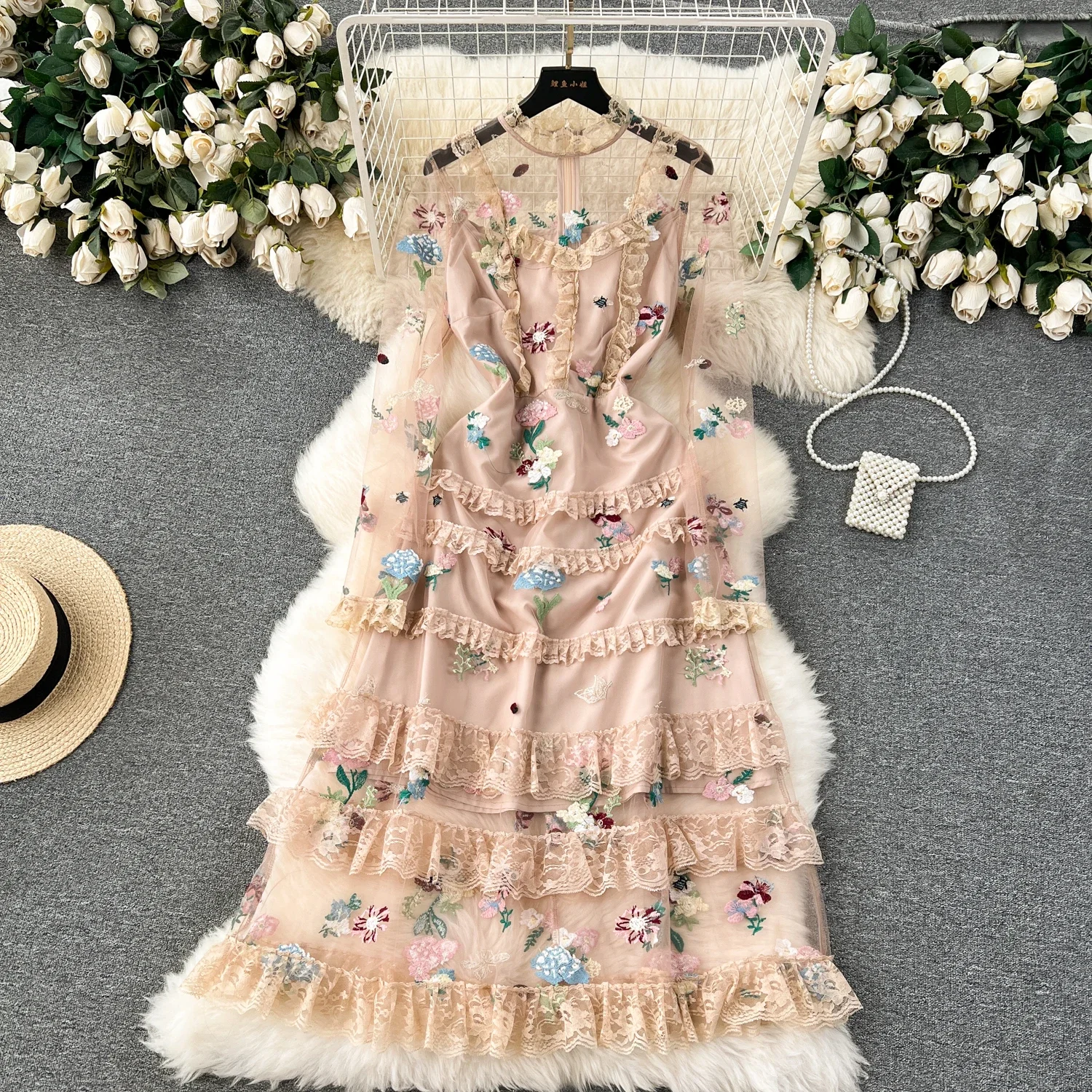 

Elegant Embroidered Vintage Stand Collar Chic Mesh Spliced Lace Slim Fairycore Dresses Women Evening High Street Autumn Clothing