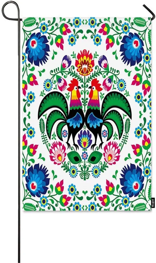 Poland Flowers Garden Flag Polish Floral Folk Art Square Pattern with Rooster Decorative Spring Summer Outdoor House Flag for Ga