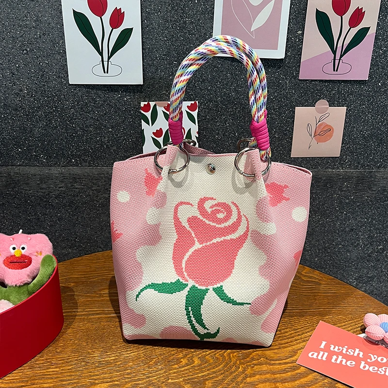 Romantic Rose Flower Knitted Handbag, High-Quality Eco-Friendly Gift Bag with Chinese Blessing Messages, Multifunctional Large-Capacity Tote Bag, Suitable for Gifting to Family, Friends, Classmates, Holiday Shopping, Fashionable Handbag, Daily Casual Outing, Carrying Essentials, Women's Bag