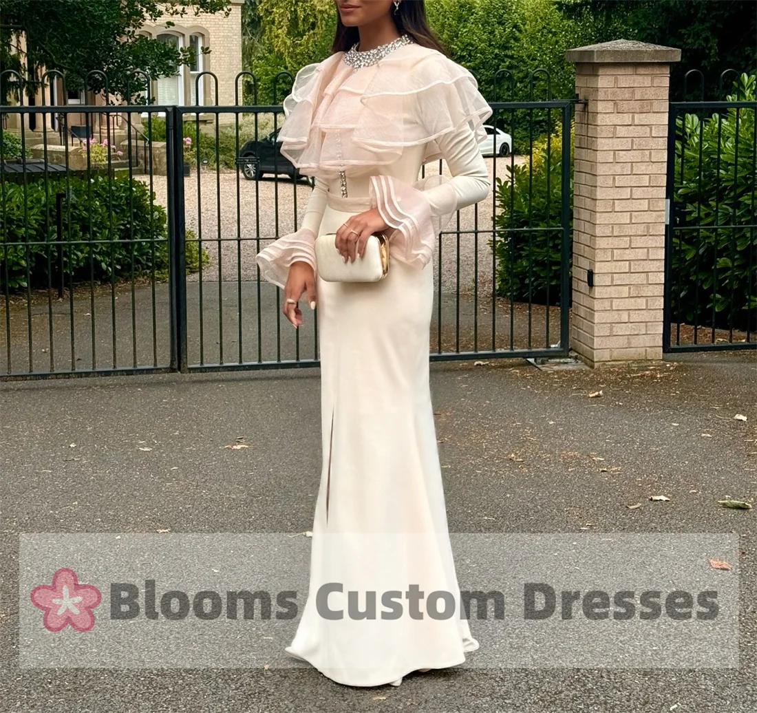 Customized Crystal Beaded Evening Dresses A-line Tiered Ruffle Long Sleeves Formal Occasion Party Dress For Prom Wedding Guest