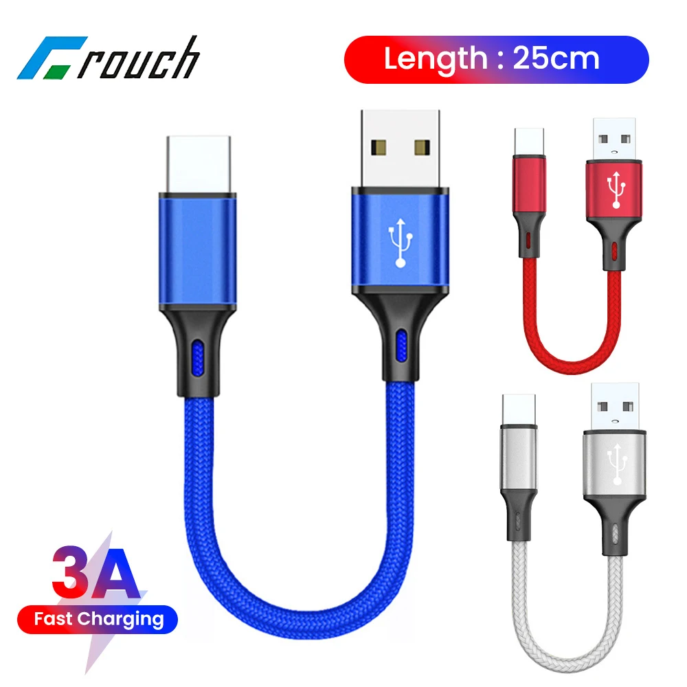 0.25m Short USB C Cable 3A Type C/Micro Fast Charging Cable Power Bank Data Cord For Samsung Huawei Xiaomi Nylon Braided Wire