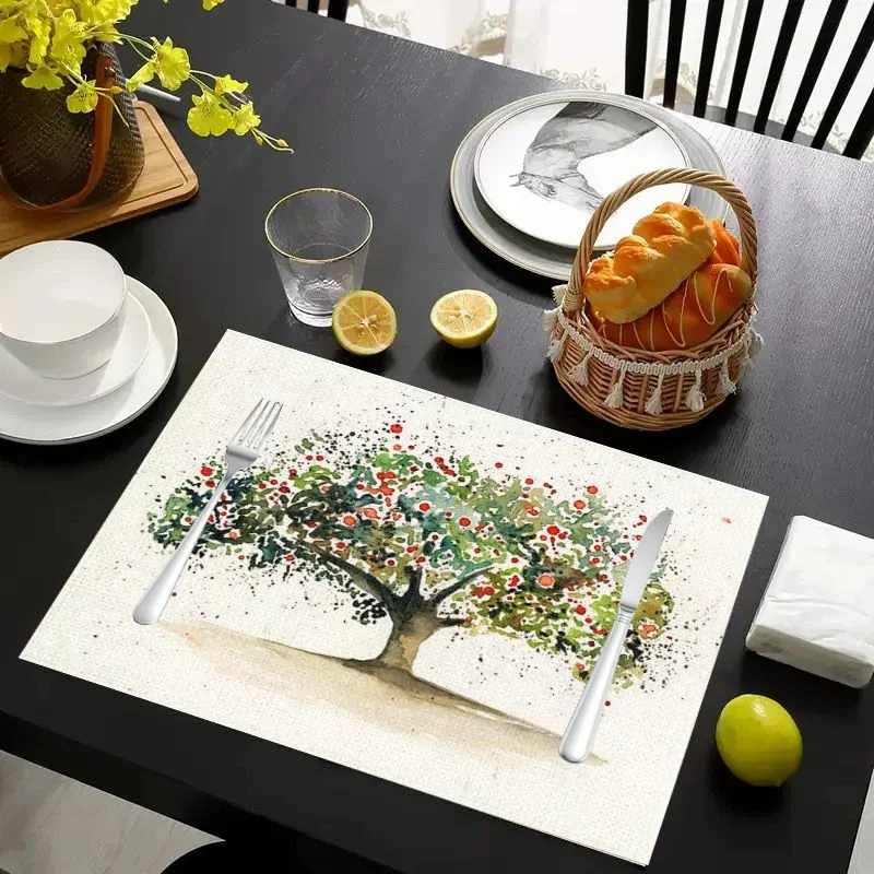 VIKAMA Placemat Watercolor Fruit Trees Print, Waterproof Oil-Proof Heat-Resistant Non-Slip Dining Table Mat