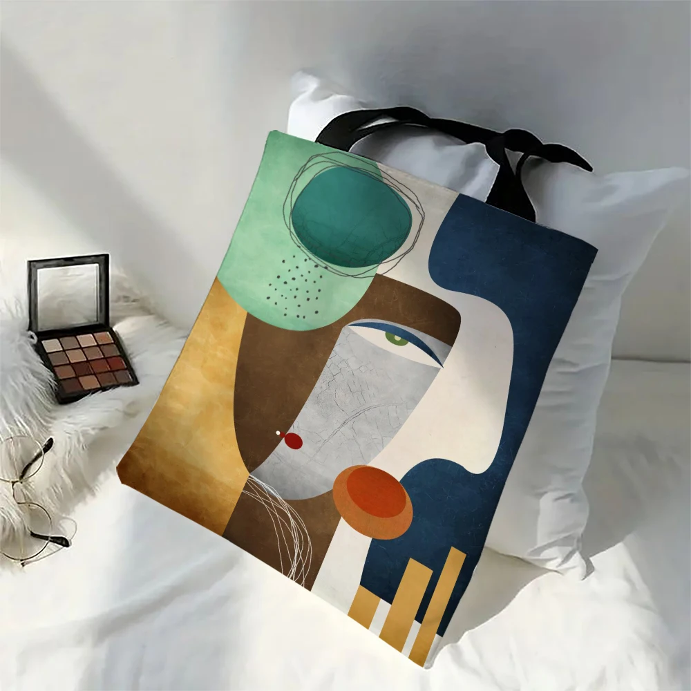 Modische Einkaufstasche mit abstraktem Figuren-Design, Polyester-Stoff, Schulter-Shopper-Taschen für Damen, umweltfreundlich, faltbar, wiederverwendbar