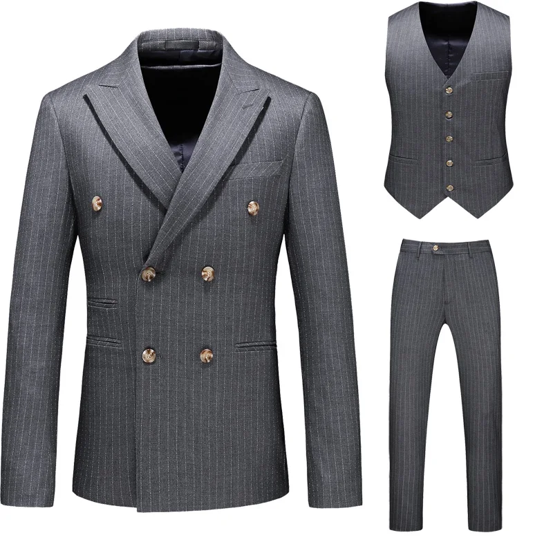 Men\'s Stripe Suit High Quality Gentleman Double Breasted Blazer 3 Pcs Set Slim Fit Wedding Male Blazer Jacket Coat Pants Vest