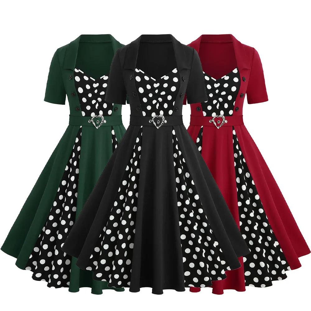 ROSEGAL Plus Size Donna Anni '50 Abiti vintage retrò Polka Dot Bottoni finti Fibbia a cuore Increspato Abito da cocktail rockabilly