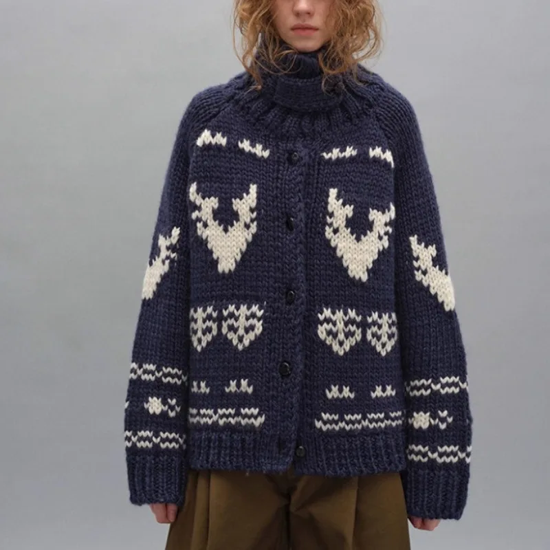 

Navy Blue Turtleneck Sweater Jacket Women's Winter Loose Christmas Lapel Knitted Cardigan Autumn and Winter