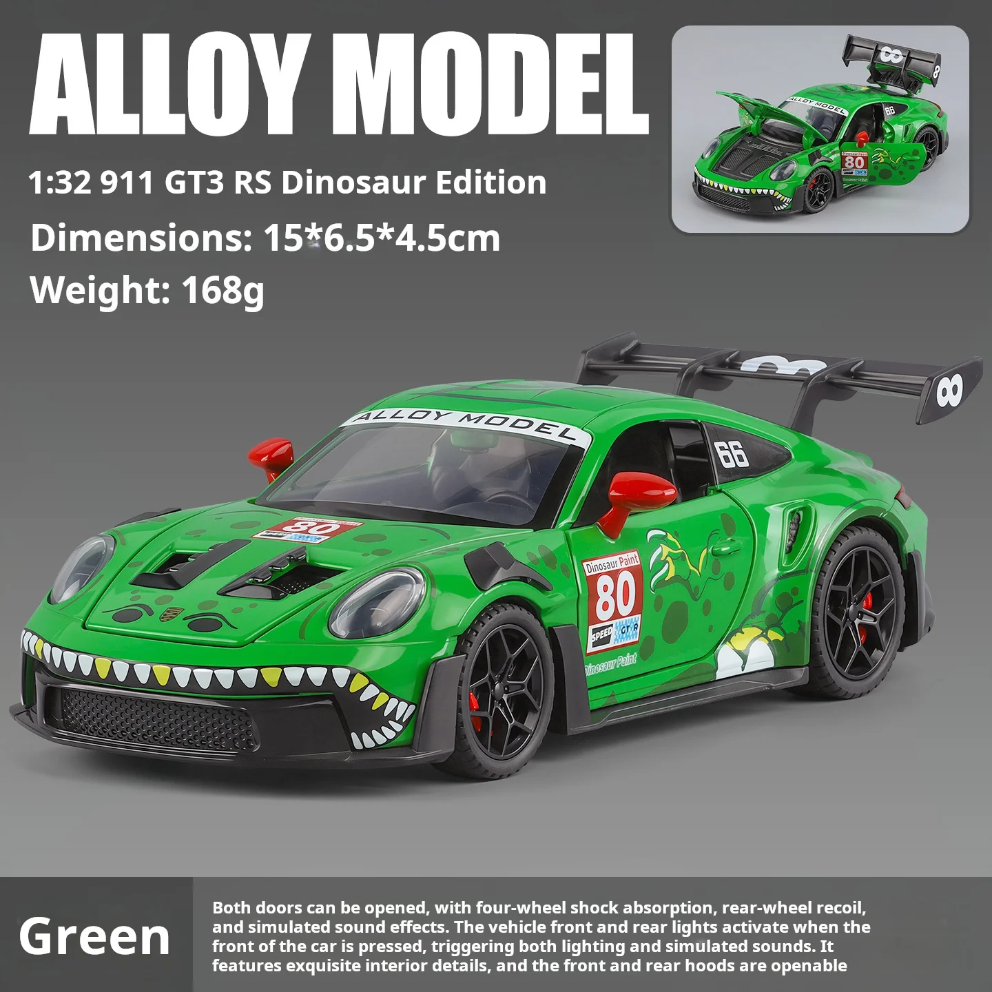 1:32 Dinosaur Graffiti GT3 RS Sports Car Alloy Diecast Model Toy Cars Sound & Light Pull Back Simulation Models Boys Gifts view 2