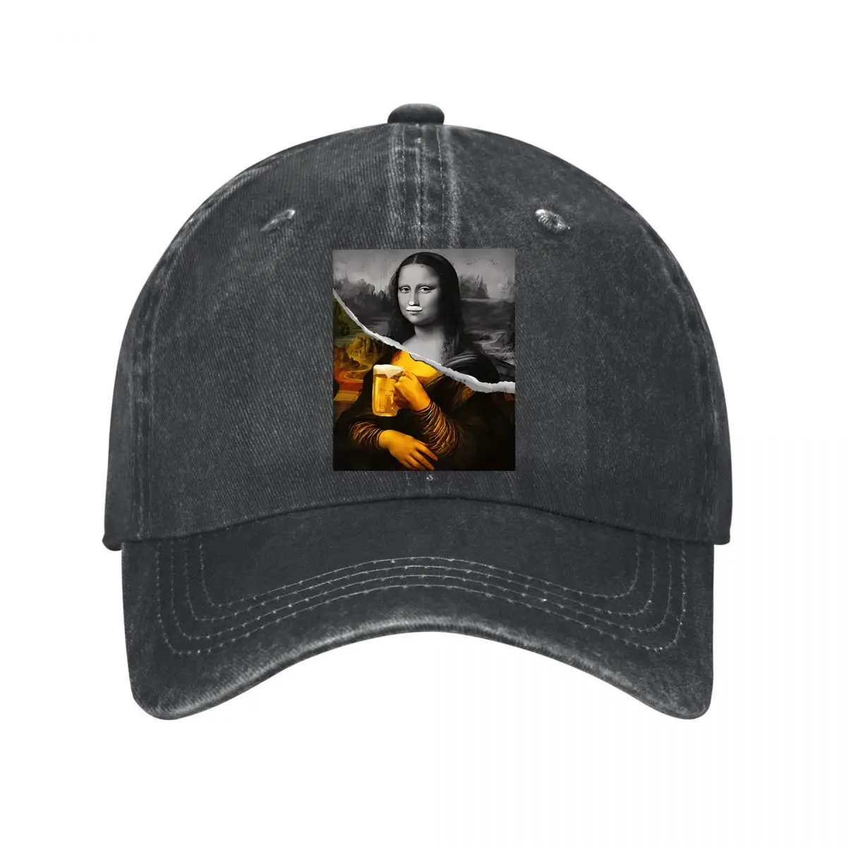 Humorous Mona Lisa Holding Beer Classic Art Parody Washed Baseball Cap Outdoor Hat