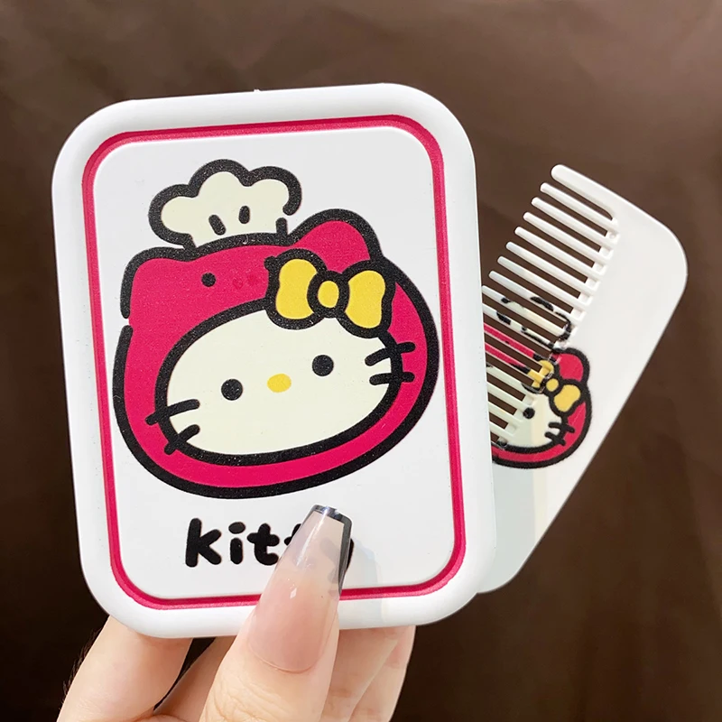 Sanrio Cute Chef Hat Hello Kitty Pattern Folding Makeup Mirror With Comb Portable For Women Beauty Tools