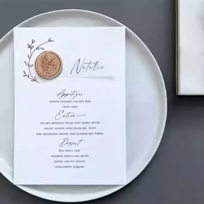 Butter paper wedding menu, plate card, hotel banquet process card, seal, seat card, table card, invitation card customized 50set