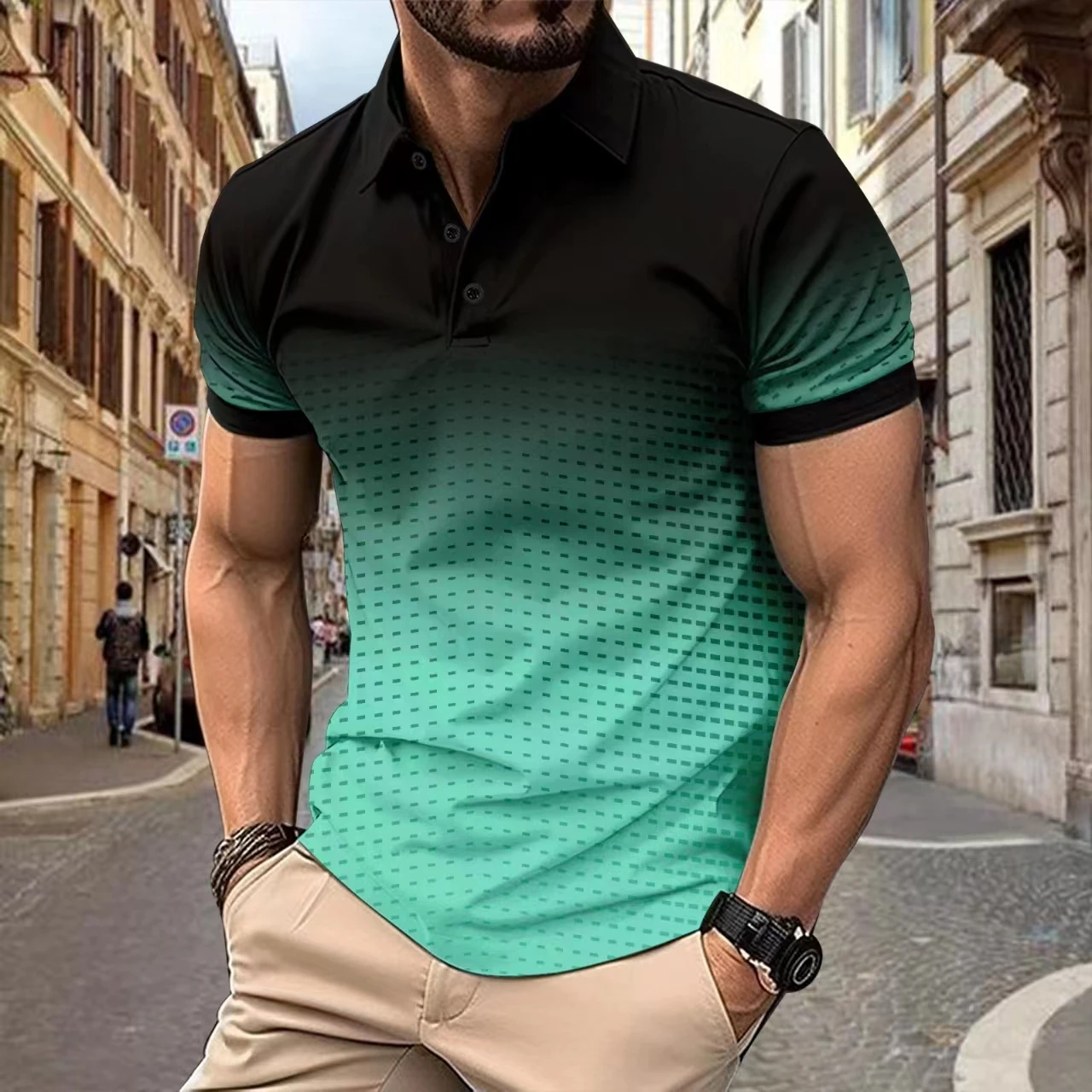 2024 Summer New men's short-sleeved sweatshirt, new gradient polo shirt, lapel, casual, stylish, breathable, camping top