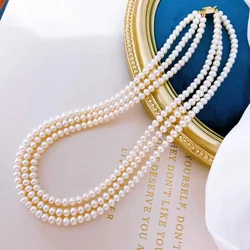 Queen's Natural Freshwater Nearly round pearl Necklace with triple clavicle chain 5-6mm Mother's Day gift 37-39cm NG
