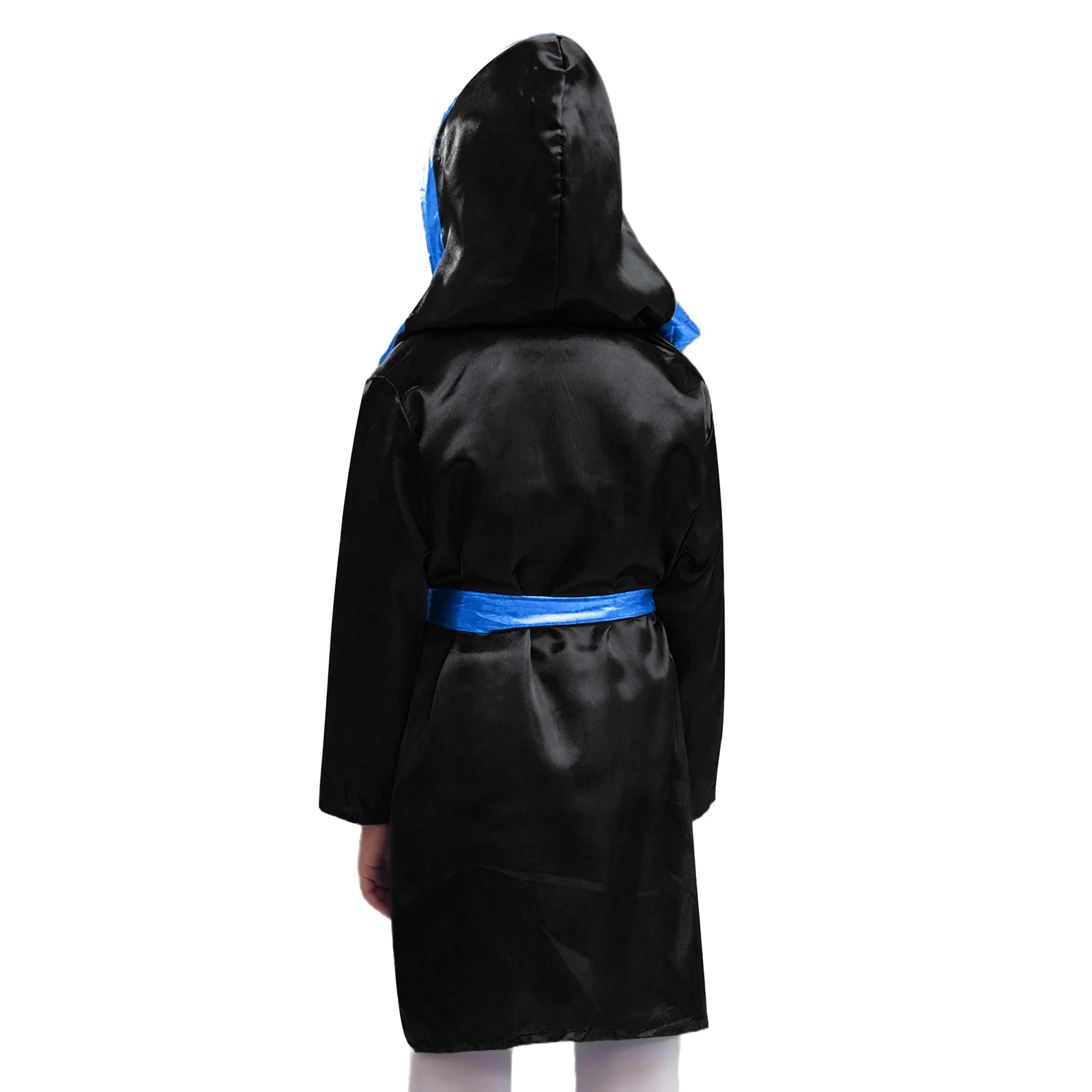 Kids Boys muay thai Boxing Robe Long Sleeve Sanda Hooded Bjj Boxer Costume Open Front Metallic Trim Satin Hooded Cloak with Belt