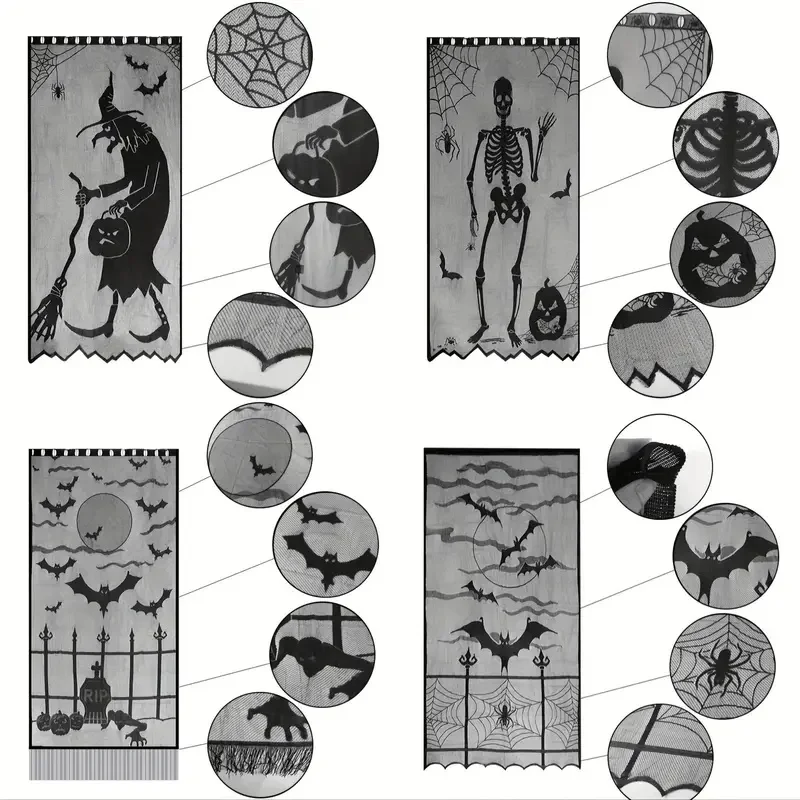 1-piece Halloween lace curtain set, featuring black spider, witch, bat, and skull designs, spooky holiday party decoration, artistic door curtain, holiday curtain
