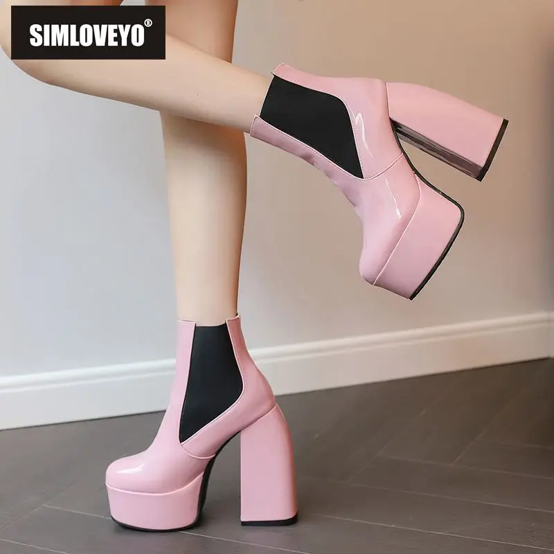 SIMLOVEYO Women Ankle Boots Round Toe Chunky High Heels 14cm Platform HIil 4.5cm Slip On 46 47 48 Daily Booty