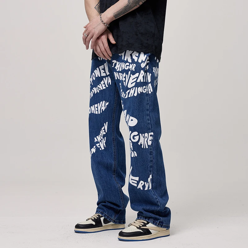 2024 Hip Hop Pants Men\'s Street Casual Handsome European and American Fashion Brand Retro Washed Letter Printed Loose Jeans