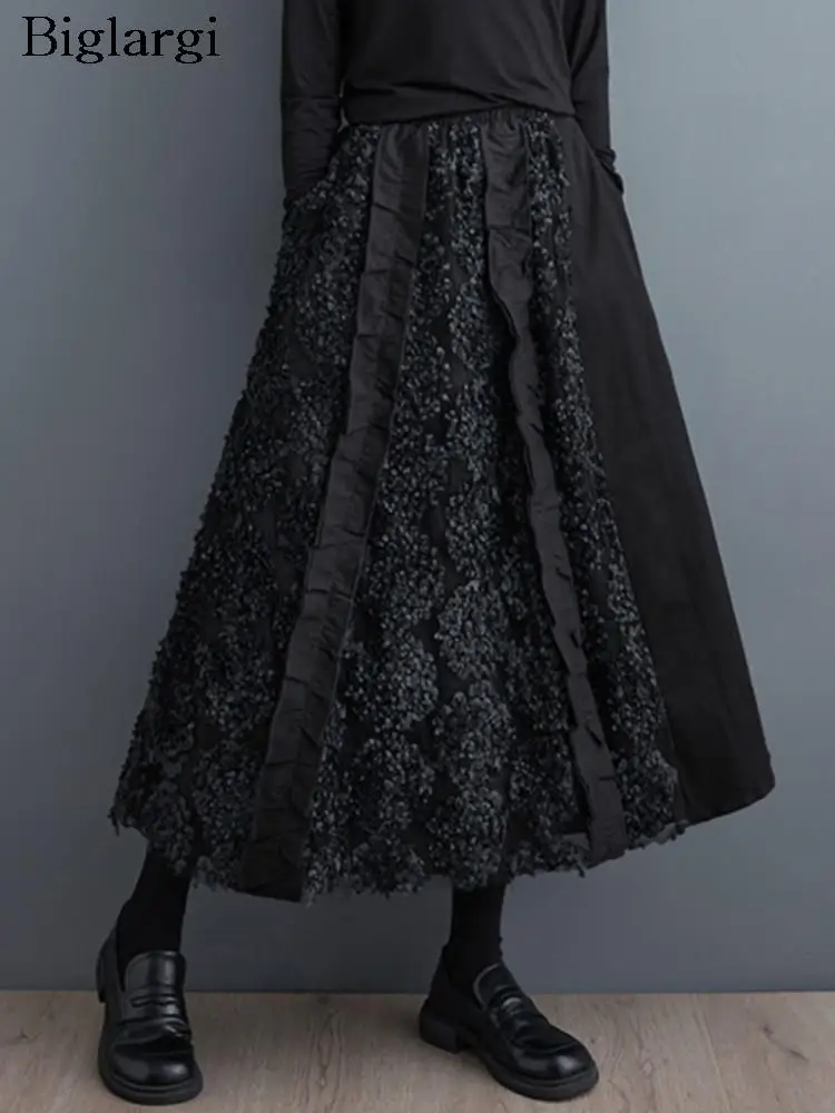 Oversized cintura alta outono saia longa feminina retalhos moda solta plissado senhoras saias casuais preto mulher saia