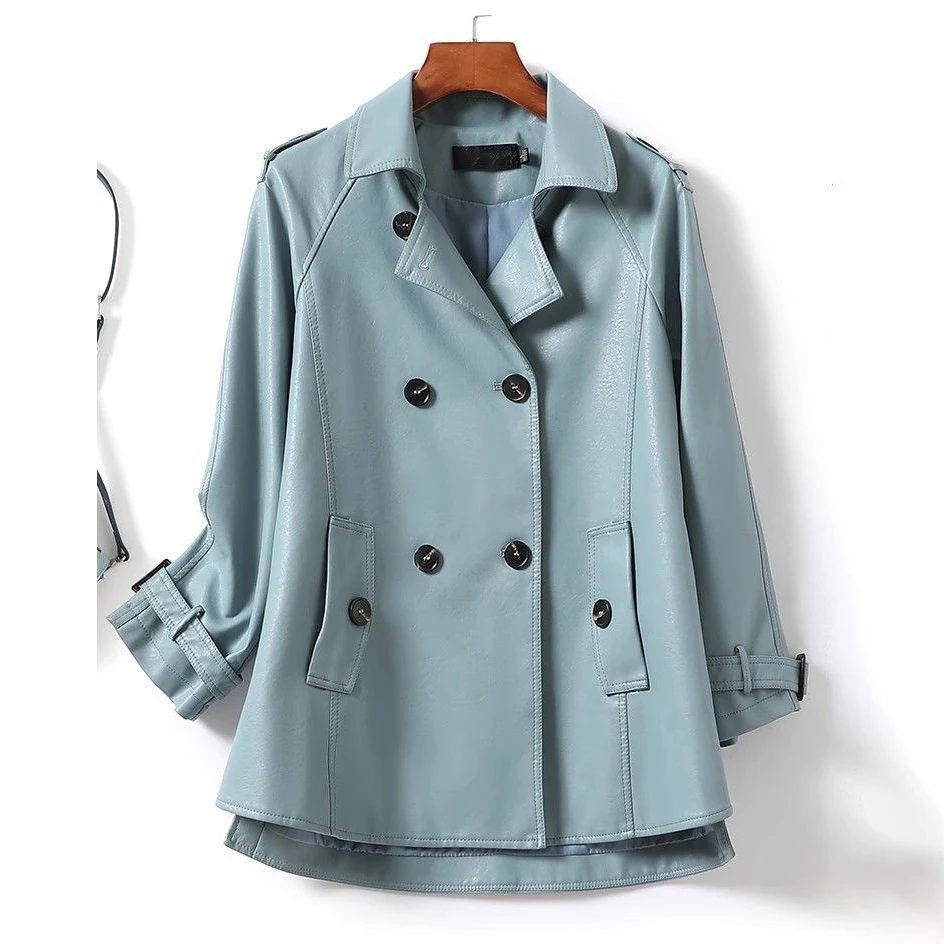 Lapel Double Breasted Faux Leather Trench Coat Women Mid Length Sleeve Belt Cuff PU Jacket Casual Loose Windproof Outerwear