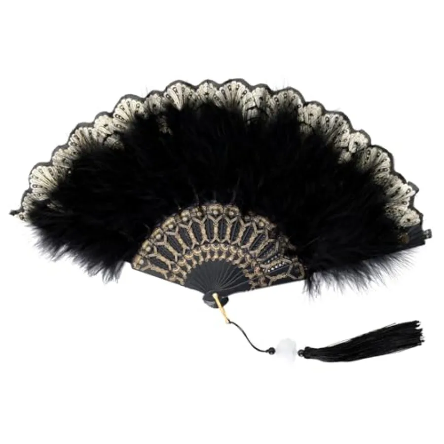 

Foldable Feather Fan Embroide Flower Handheld Chinese Folding Fans 1920s Feather Fan Flapper Hand Fan for Costume Party Wedding