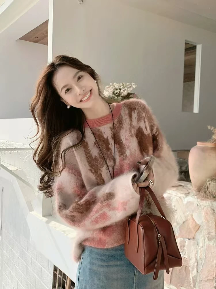 

Осень-зима женский матовый свитер свитер из 100% мериносовой шерсти пуловер теплая одежда с круглым вырезом и длинными рукавами красочные узоры вязать