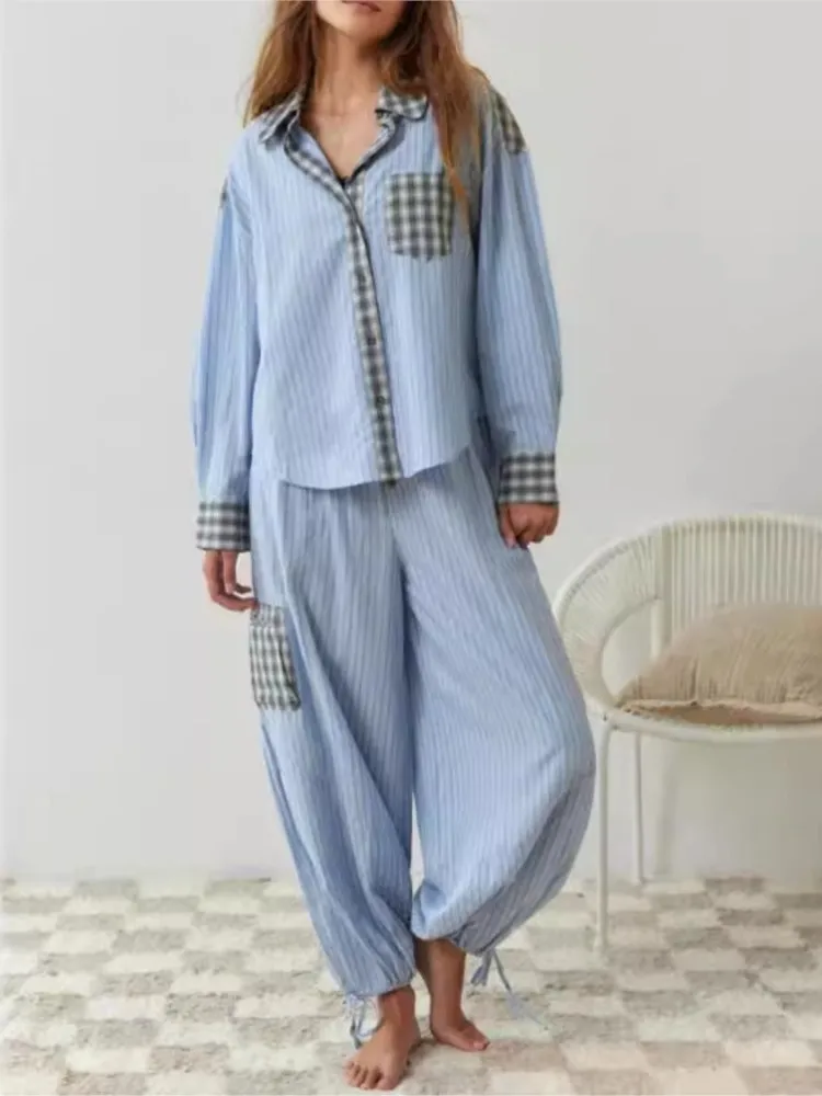 

Casual Plaid Shirt Pants Outfit Women Loose Pajama Two Piece Set Long Sleeve Button Top + Pants Suit Fall Spring Homewear