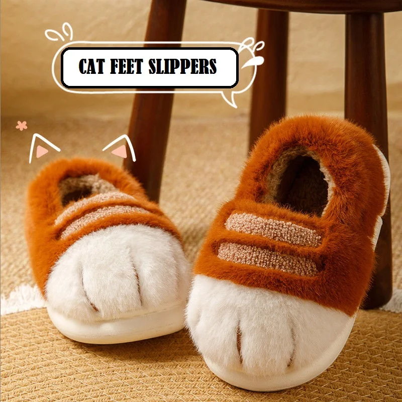 

New Funny Cat Paw Slippers Women Winter Closed Back Home Shoes Creative Fuzzy Kitty Feet Slippers Woman Warm Animal Slip On Shoe