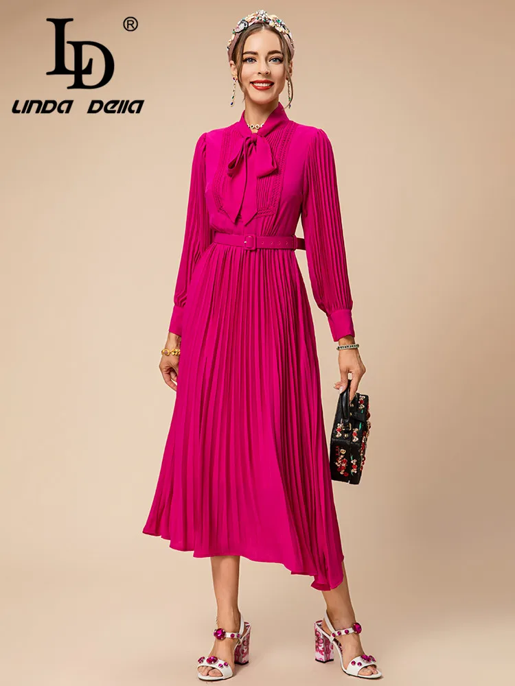 Imagem -05 - Linda Della-vestido Longo Drapeado Feminino Cinto Laço Assimétrico Elegante Festa Moda Outono e Inverno Novo Estilo ld