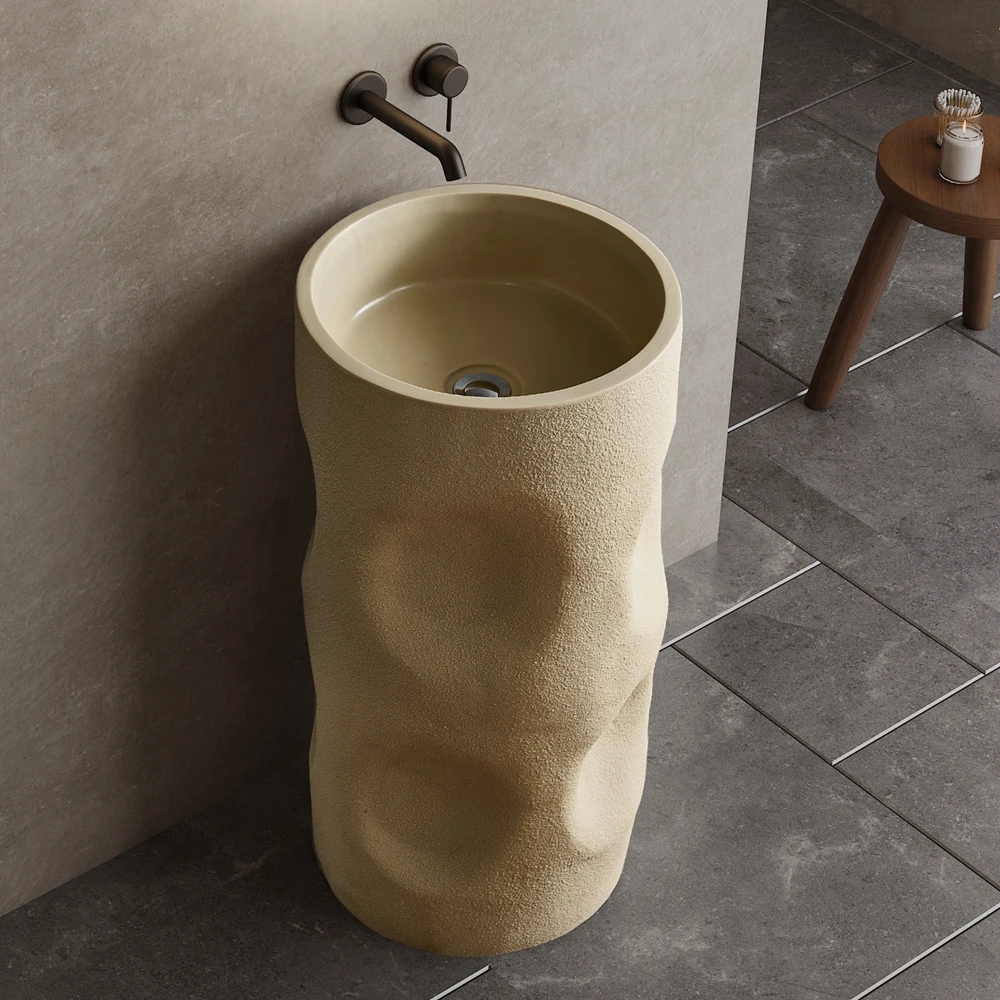 S*& i Sabi Style Cylindrical Shape Bathroom Pedestal Sink Creamy Color Artificial Stone Wash Basin Free Standing Bathroom Sink