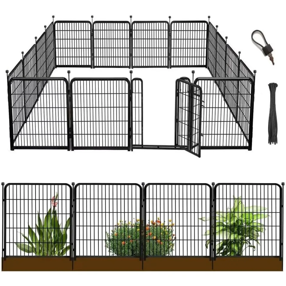 

36 Inch Tall Garden Fence with Wide Low-Threshold Gate, 10-Panel, 22.1 Feet Long, Heavy-Duty Iron Animal Barrier for Yards