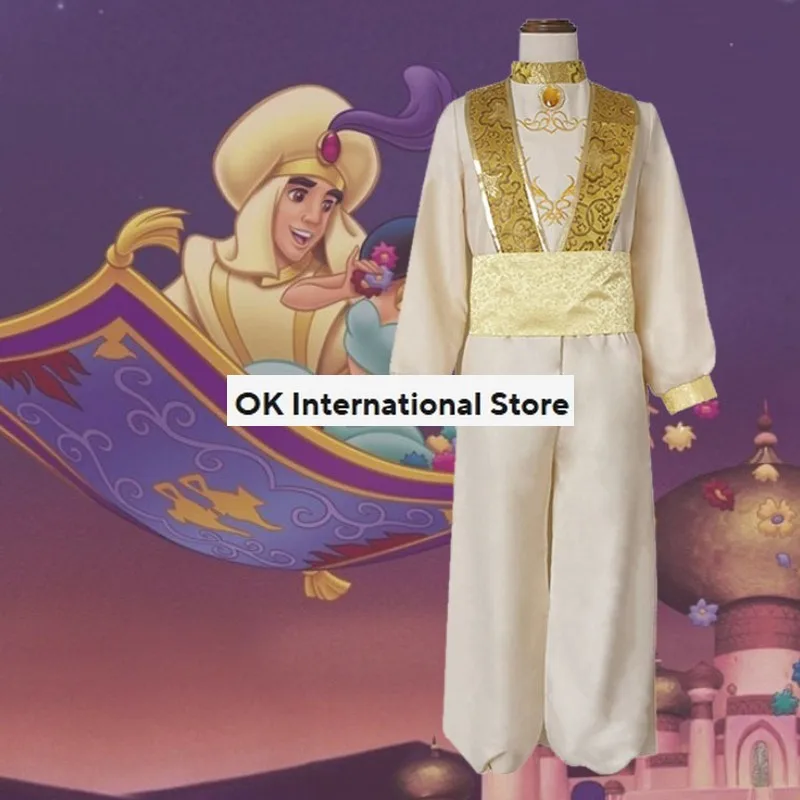 Films Aladdin Magische Lamp Prins Cosplay Kostuum Veren Hoed Uniform Volwassen Man Halloween Maskerade Bal Carnaval Pak