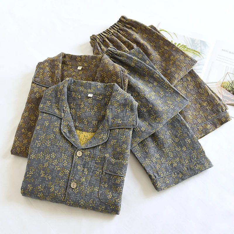 Jacquard Cotton Double-layer Men's Spring Autumn Sleepwear Thin Long Sleeved Long Pants Loose Home Pyjama Suit