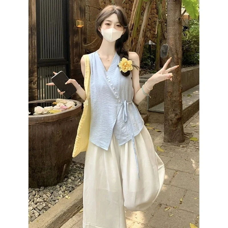 

Irregular Button Lacing Korean Blouse Summer Solid Sleeveless Youth Loose Fashion Shirt Tops Temperament Elegant Women Clothing