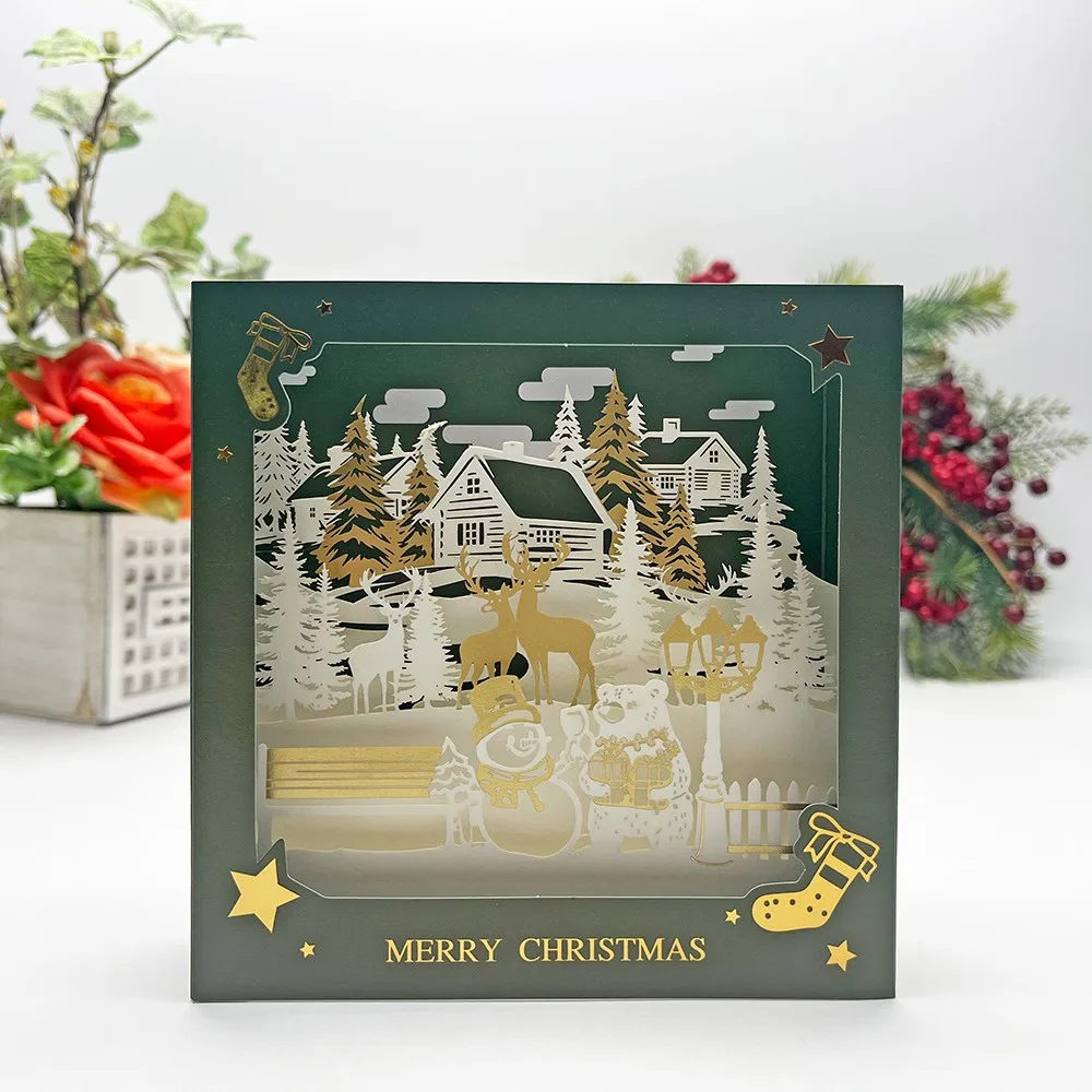 

New Christmas 3D Stamping Box Greeting Card Holiday Christmas Eve Wish Card Gift Box Happy New Year With Envelope
