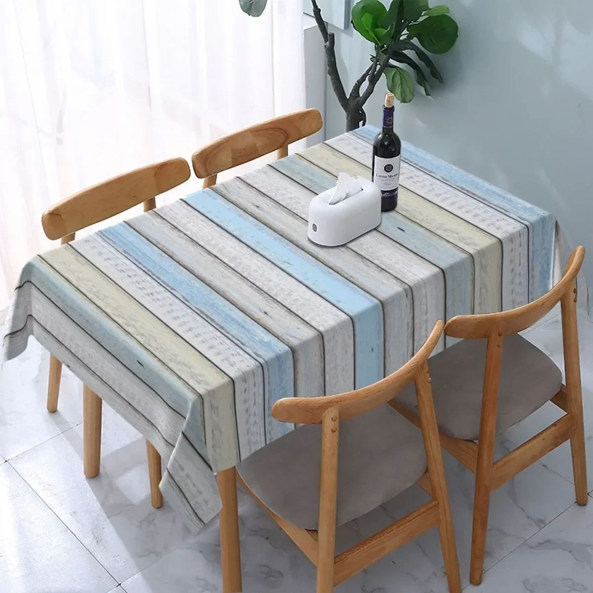 1pc Multi-sized Rectangular, Square, Circular Tablecloth, Summer Beach Style Blue and White Wooden Board Kitchen Dining Roomxzj