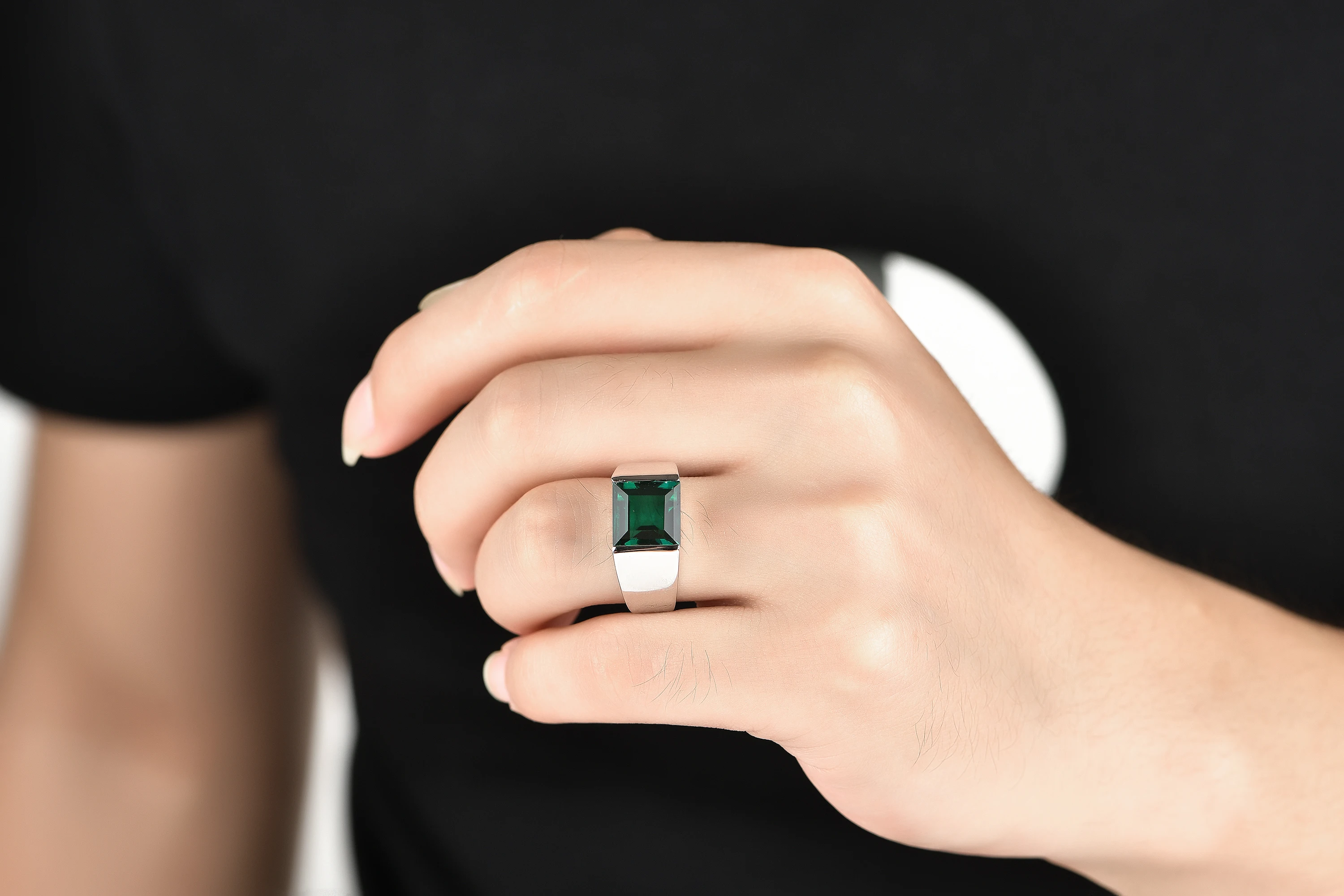 Men's S925 Silver Created Emerald Square Ring