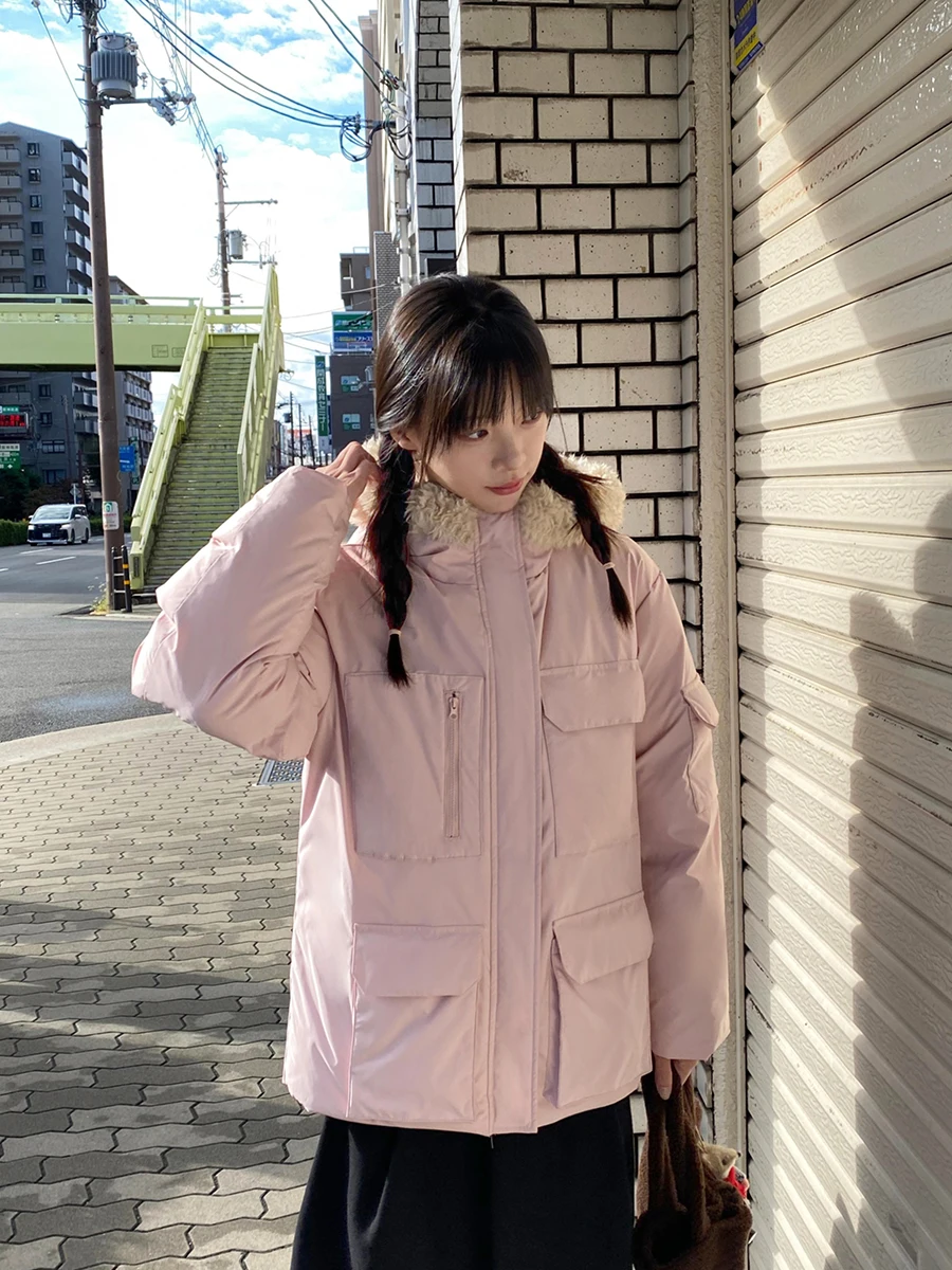 

Warm Du down Parka Coat with Multiple kets And Hood from Milk Rabbit Pl Sli Commute Sle Straight Cut for Ladies