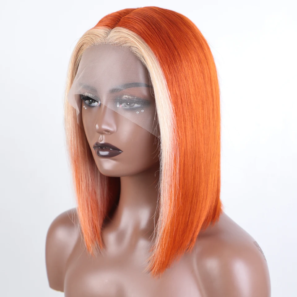 

Sleek 13X6X1 Lace Front Wigs Straight Bob Remy Brazilian Hair Wigs With Black Roots Orange Colored Human Hair Wigs For Women