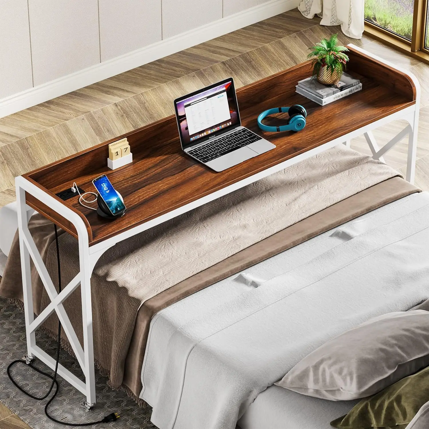 Over Bed Table with Wheels, 70.8" Overbed Desk with Outlet & USB, Mobile Queen Size Bed Table with White Metal Legs for Bedroom